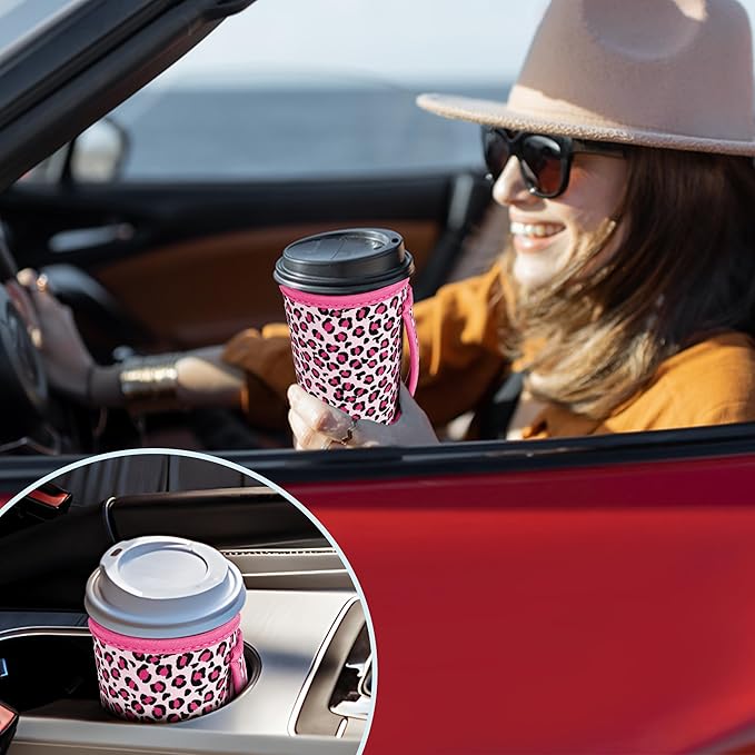 KJQJLY 3 Pack Reusable Iced Coffee Sleeves for Iced Coffee Cups or Drinks Reusable Neoprene Insulated Sleeves for Hot and Cold Drinks from Starbucks, Dunkin, And More (pink leopard print)