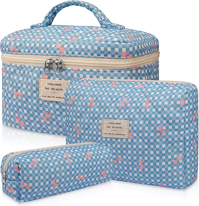 Gosect 3PC Makeup Bag Set, Cute Cosmetic Bag for Women Girls, Floral Coquette Aesthetic Toiletry Bag, Travel Make Up Organizer Bag (Blue Check)