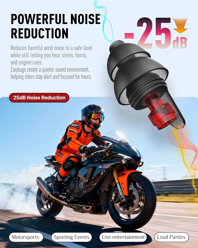 Motorcycle Ear Plugs for Wind Noise Reduction, 2 Pairs Reusable Motorcycle Accessories - Moto Earplugs, Soft Comfortable Hearing Protection for Motorbike, Touring, Racing, Riding - 25dB, Biker Gifts