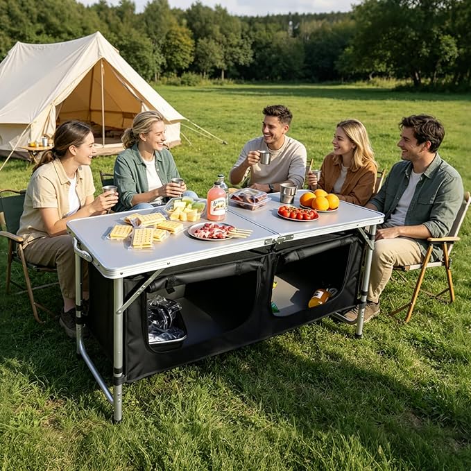 JOUYEK Camping Table, Folding Camping Table with Storage, Portable Kitchen Table, Lightweight, 3 Heights Adjustable Camping Furniture for BBQ, Picnic, Camping, Hiking, Beach, Outdoor Black