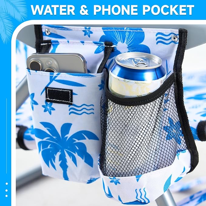 2 Pack Lightweight Portable Camping Beach Chair for Adults, Outdoor Lay Flat Folding Beach Chairs with 5 Positions, Backpack Beach Chair with Towe, Zipper Pouch, Cup Holder, Blue Coconut Tree