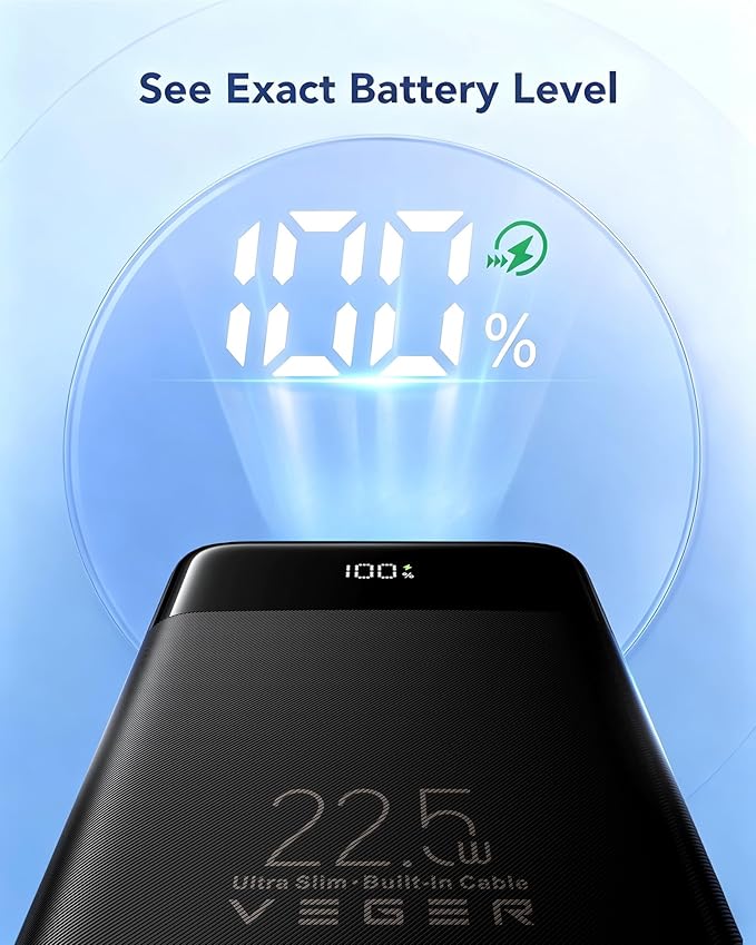 VEGER Portable Charger, Ultra Slim 22.5W Fast Charging with Built in Cable, Flight-Safe 10000mAh USB C Power Bank Battery Pack, Travel Essential Phone Powerbank for iPhone 17 16 Samsung S25 Google etc