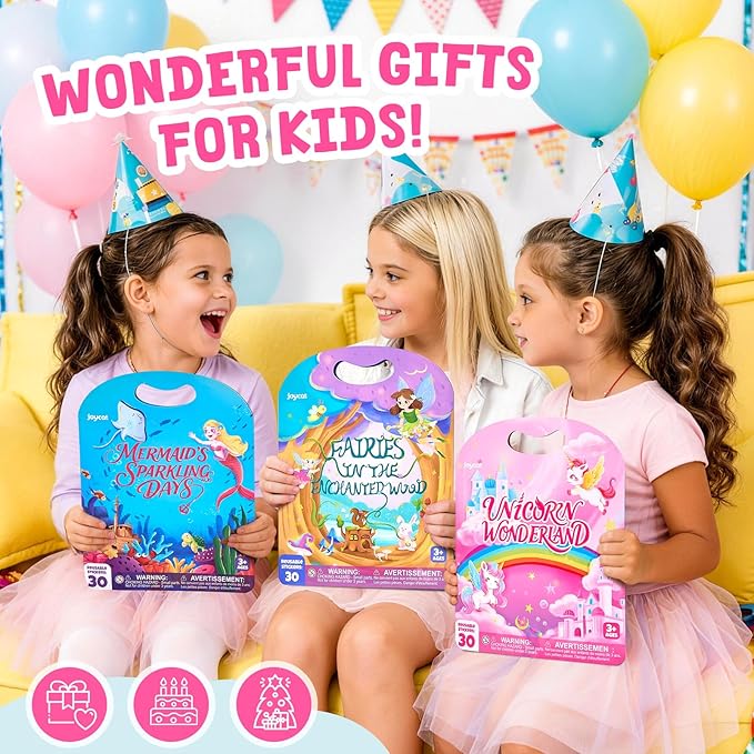JoyCat Reusable Sticker Book Set (3-Pack): Unicorn, Fairies, Mermaid - 90 Pcs Stickers for Toddlers, Kids Sticker Activity Book, Road Trip Travel Toys, Party Favors, Birthday Gifts for Baby Girls