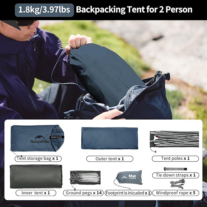 Naturehike Cloud-Up Tent Lightweight Backpacking Tent with Footprint - Free Standing Ultralight Camping Hiking Backpack Tents