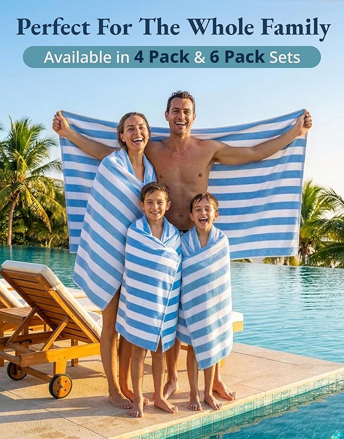 LANE LINEN 100% Cotton Beach Towel- Pack of 4 Beach Towels Set, Cabana Stripe Pool Oversized Beach Towels for Adults (30" x 60”), Highly Absorbent, Large Beach Towel, Quick Dry Towel - Light Blue
