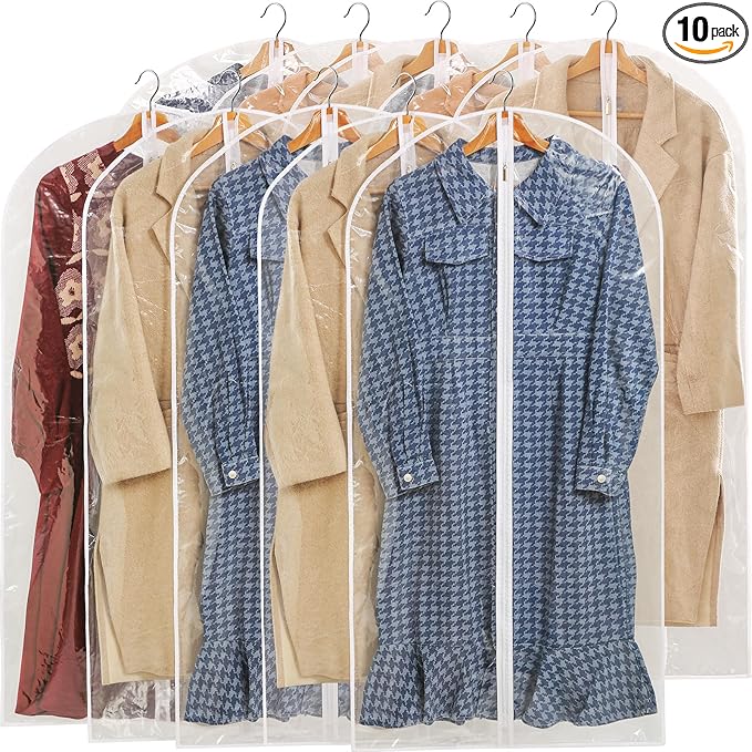 All Clear Garment Bags for Hanging Clothes, 48" Suit Bags for Closet Storage, Plastic Dustproof Suit Cover Bags, Clothes Protectors Bag with zipper for Coats, Jackets, Shirts（10 Packs）