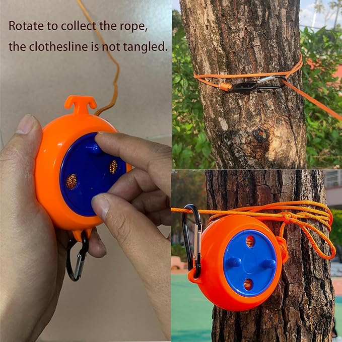 Portable Travel Clothesline is 32Ft Retractable Camping Clothesline for Outdoor Camping Laundry line with 10 Windproof Buckles, 10 Clothespins，1 Organizer Bag