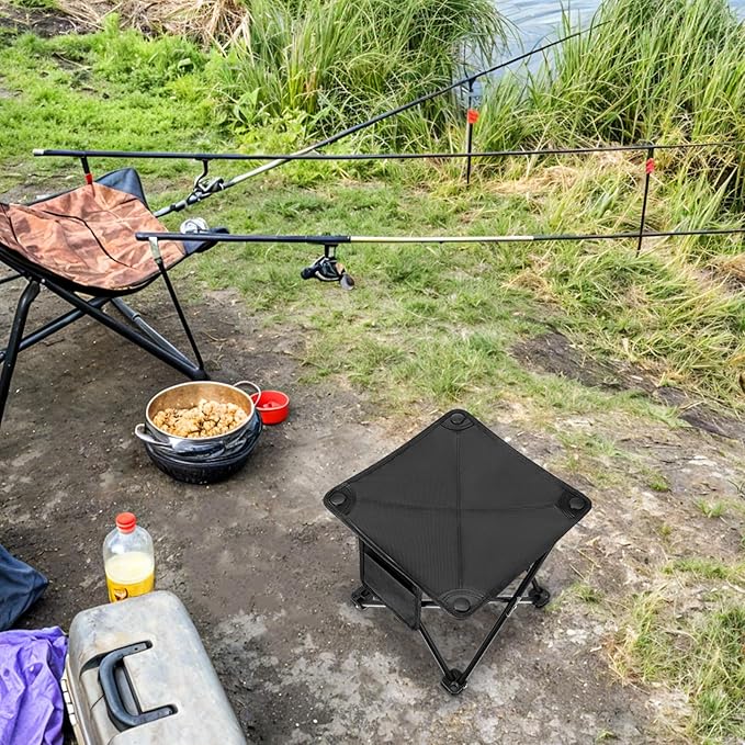 2 Pack Camping Stool 13 Inch Portable Folding Camp Stool with Side Pocket for Camping Fishing Hiking Gardening Outdoor Walking, Foot Stools with Carry Bag, Black