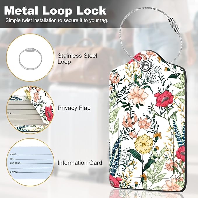 2Pack Luggage Tags for Suitcases, Cute Unique Pu Leather Cruise Luggage Tag with Privacy Cover ID Label Address Card and Metal Ring Suitable for Women Men Kids Travel Bag Red Flowers and Green Leaves