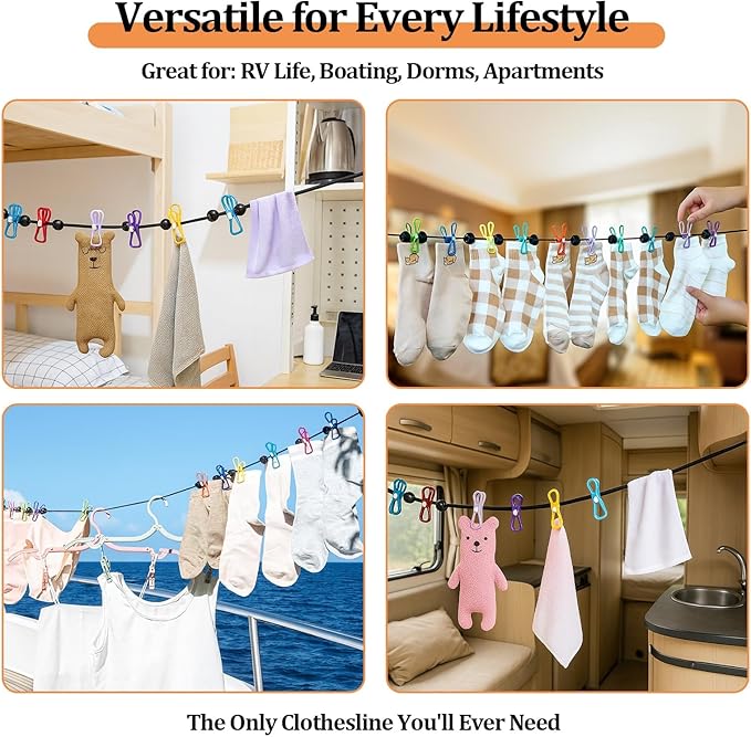 Travel Clothesline Retractable Portable Clothesline with 12 Clips Portable Elastic Camping Clothes Line with Anti-Slip Beads & Stainless Hooks for Hotel, RV, Boat, Outdoor Use (2 Pack)