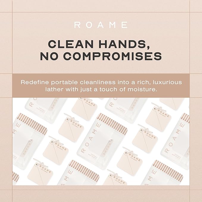 Roame Portable Soap Sheets for Traveling, Ultra-Thin Soap for Hand Hygiene, Dissolvable, Water-Activated & Compact, Cruelty-Free, Use in Travel Kits, Camping Essentials & On-the-Go Use, 50 Pack