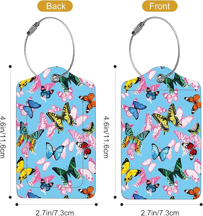 2Pack Luggage Tags for Suitcases, Cute Unique Pu Leather Cruise Luggage Tag with Privacy Cover ID Label Address Card and Metal Ring Suitable for Women Men Kids Travel Bag Pink Butterfly