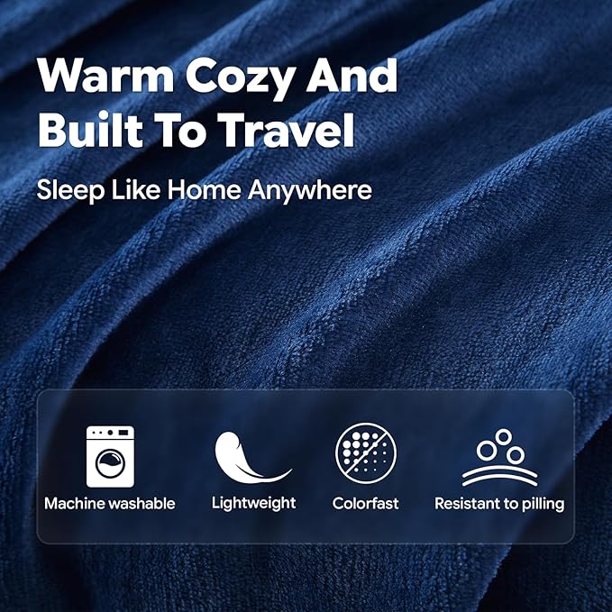 Travel Blanket, Soft 2-in-1 Airplane Blanket, 65x40 Inches, Travel Blanket Airplane Compact with Bag, Car Blanket with Luggage Sleeve & Backpack Clip (Navy Blue)