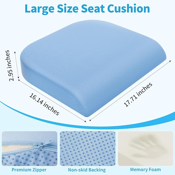 TranquilRelax Large Seat Cushion, Memory Foam Cushion for Long Sitting Hours on Office Chair, Home & Car, Non-Slip Chair Pad for Relieving Back & Sciatica & Hip & Coccyx Pain (Light Blue)
