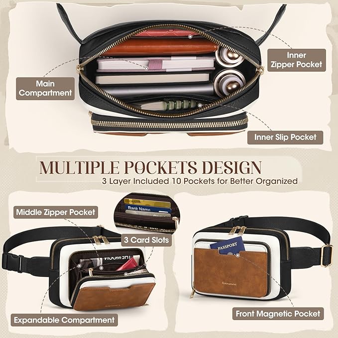 RAINSMORE Fanny Packs for Women, Leather Belt Bag Waterproof Everywhere Crossbody Waist Pack with Adjustable Strap Retro Sling Chest Bag for Work Running Travel Party, Black and Brown with White