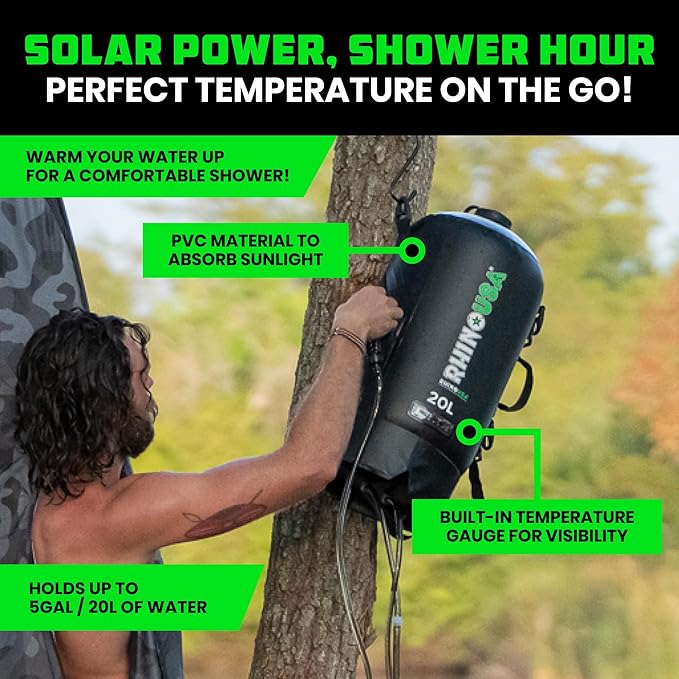 Rhino USA 5 Gal / 20L Portable Solar Camp Shower - Essential for Camping, Festivals, Overlanding, Beach Trips, Outdoor Shower and more!