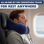Neck Pillow for Plane Travel – 4-in-1 Kit | Adjustable Blue 100% Memory Foam Neck Support Pillow, 3D Eye Mask, Earplugs, & Cozy, Washable Cotton Cover with Secure Buttons – Sleep Comfort for Travel