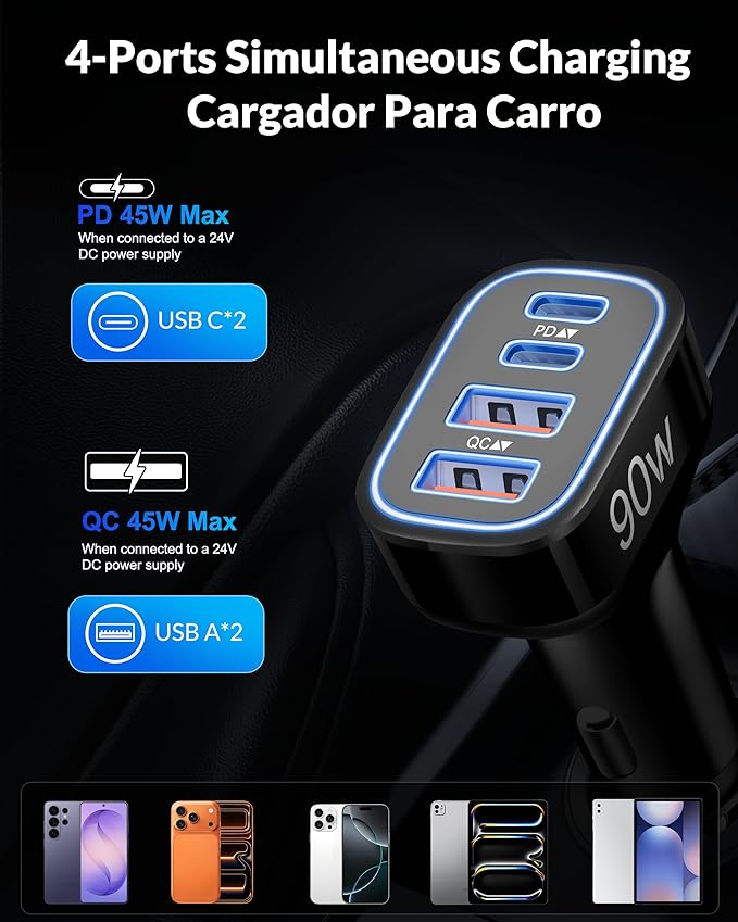 2 Pack 90W 4-Port Super Fast Type C Car Charger USB C for Samsung Galaxy S26/S25/S24/S23/ S22 Ultra, Android, iPhone 17/16/15, Cigarette Lighter USB Charger Car Adapter Accessories + 3FT USB-C Cable
