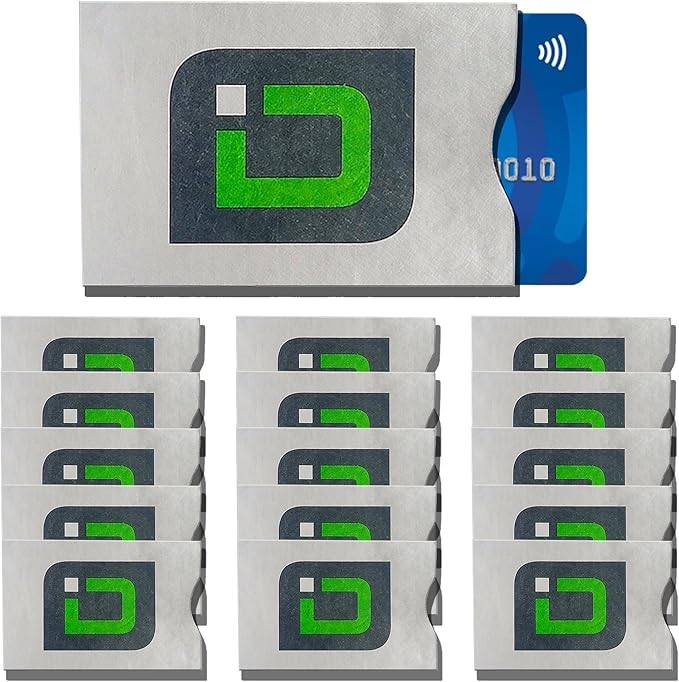 RFID Blocking Credit Card Sleeve Protectors – USA Made Slim Wallet Inserts for Credit Cards, Debit Cards & ID Protection (16, Green Logo -16 Pack)