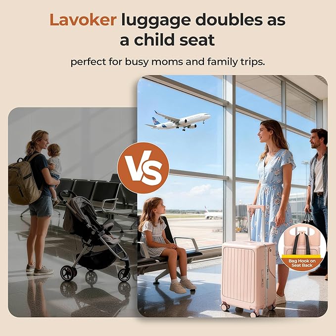 20" Ride-On Luggage with Child Seat, Hardside Carry-On Suitcase with Front Access Shockproof Silent Spinner Wheels, TSA Lock, Charging Port for Kids & Adults & Busy Moms