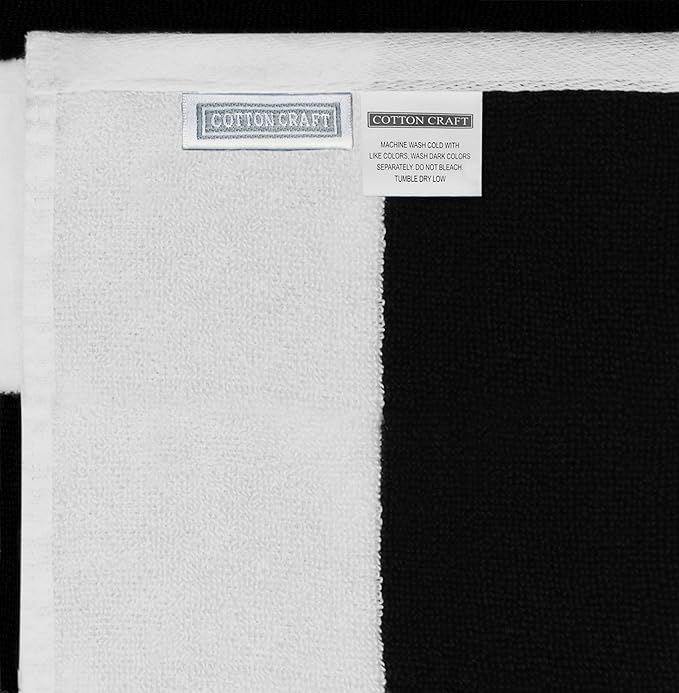 COTTON CRAFT Hooded Beach Towel – Oversized 39 x 68 Towel with Hood for Adults - 100% Ringspun Cotton Velour Terry Towel - 450 GSM Super Soft Plush Absorbent Quick Dry Bath Wrap – Cabana Stripe Black