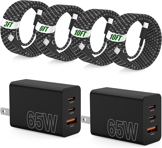 65W Super Fast Charger Type C for Samsung,3 Port 100W PD Quick Charging 3.0 USB C Block & 3/6/10/10FT Braided Type C Cord for Samsung Galaxy S26 Ultra/S26/S25 Ultra/iPhone 17 Pro/MacBook Pro/Air