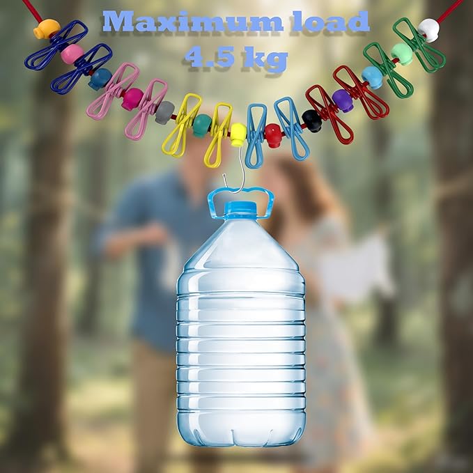 Portable Travel Clothesline,Adjustable Elastic Stretch Line with 12pcs Clothes Clips,for RV Outdoor and Indoor Camping Accessories (Red)