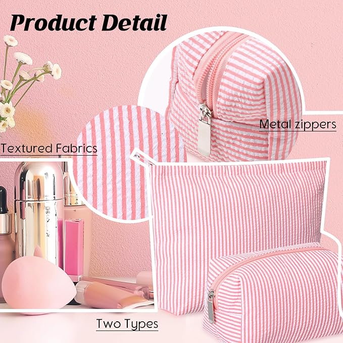 Huhumy 2 Pcs Makeup Bag Set Cute Cosmetic Pouch for Women Seersucker Travel Toiletry Bag Preppy Small Makeup Purse Pouch Aesthetic Skincare Brushes Storage Organizer for Valentine Women(Rose Pink)