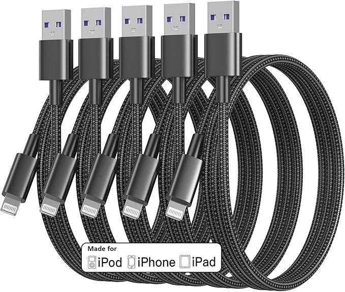 5Pack for iPhone Charger Cable 3ft Lightning to USB Cables Fast for iPhone Charging Cord [Apple MFi Certified] Nylon Braided for iPhone 14/13/12/11 Pro/X/Xs Max/XR/8 Plus/7/6/5/SE,for IPad, 3 Foot