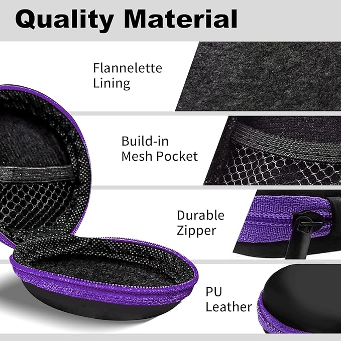 Round Earbud Case Portable EVA Carrying Case Storage Bag Cell Phone Accessories Organizer with Carabiner for Earphone, Earbud, Earpieces, SD Memory Card, Camera Chips, Purple
