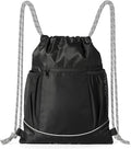Amazon Basics Drawstring Lightweight Gym Bag Soccer Backpack with Zipper Pouch, Mesh Side Pockets for Water Bottle, Large, Black