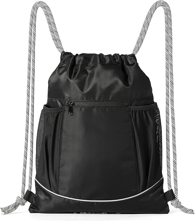 Amazon Basics Drawstring Lightweight Gym Bag Soccer Backpack with Zipper Pouch, Mesh Side Pockets for Water Bottle, Large, Black