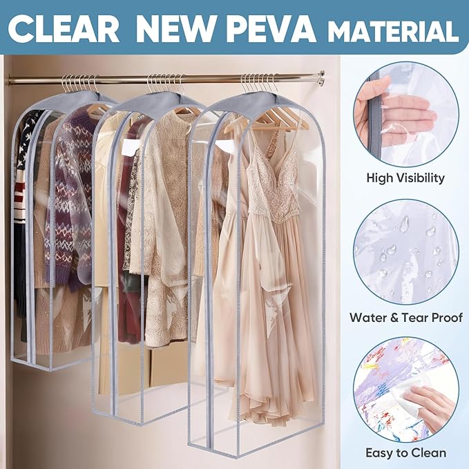BALEINE 60'' Clear Garment Bags, 10.5'' Wide PEVA Suit Bag for Closet Clothes Dresses Suit Coats Storage (Clear, 1PK)