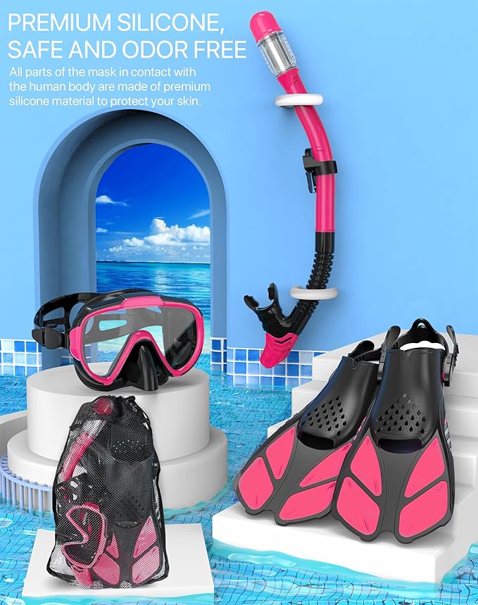 Ubekezele Snorkeling Gear for Adults Men Women,4 in 1 Snorkel Set with Panoramic View Diving Mask Anti-Fog Anti-Leak,Dry Top Snorkel,Fins and Travel Bag for Swimming,Snorkeling and Travel Diving