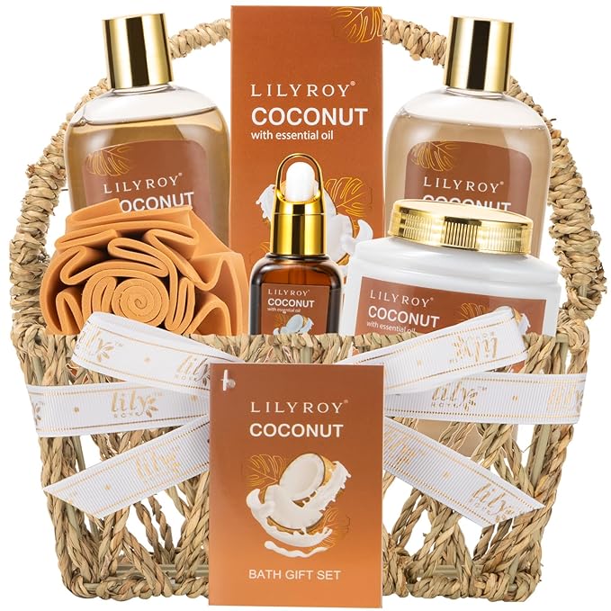 Mother's Day Gift Basket for Women, Gifts for Women - 7Pcs Coconut Bath and Body Spa Gift Basket for Women & Men Self Care Spa Kit | Valentines Day, Fathers Day, Birthday, Christmas Gifts for Her Him