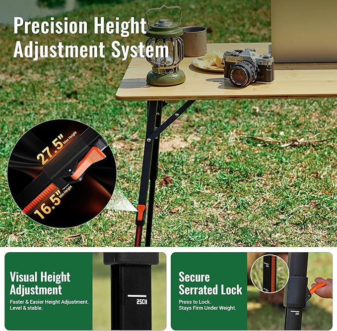 KingCamp Bamboo Folding Table, 4-Fold Camping Adjustable Height Portable Outdoor Lightweight & Compact Table with Aluminum Frame for RV Picnic BBQ Tailgating
