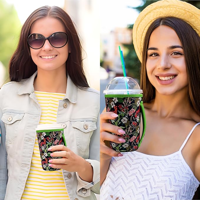 KJQJLY 3 Pack Reusable Iced Coffee Sleeves for Iced Coffee Cups or Drinks Reusable Neoprene Insulated Sleeves for Hot and Cold Drinks from Starbucks, Dunkin, And More (Leaves and grass)