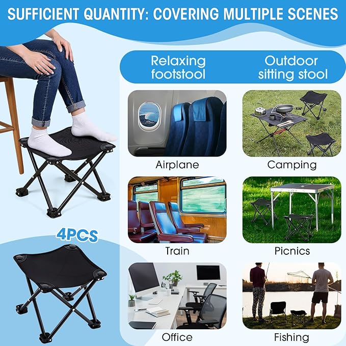 Ripeng 4 Pcs Portable Airplane Travel Foot Rest, Folding Camping Stool, Under Desk Foot Rest at Work for Long Flight, Home and Office Outdoor Hiking Fishing with Carry Bag