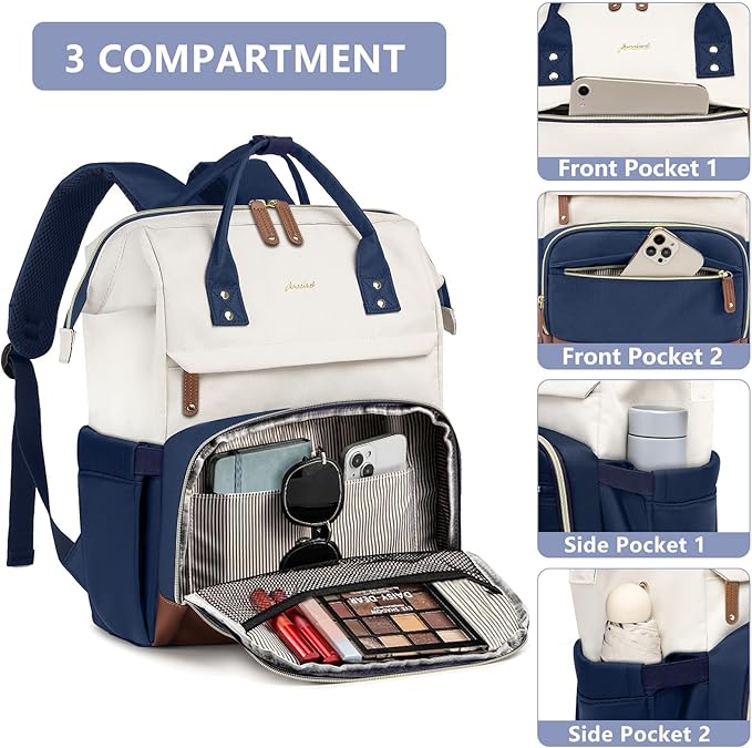 Focdod Laptop Backpack for Womem Work Bags: 17.3 Inch Travel BackPacks With USB Charging Port Anti Theft Fashion College BookBag Durable Back Pack Purse Bussiness Daypack for Nurse Teacher Navy Beige