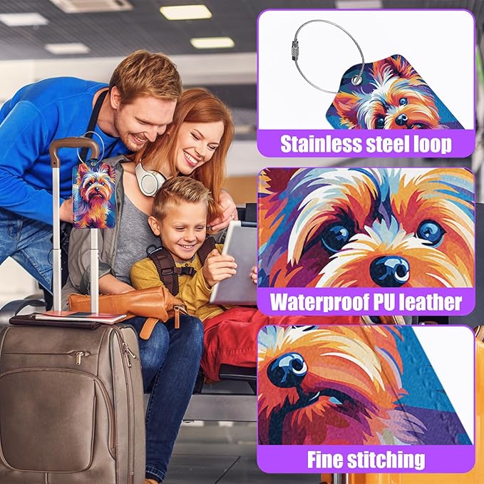 3 Pack Colorful Dog Luggage Tags for Suitcase Cute Animal PU Leather Travel Luggage Tag Privacy Cover ID Label for Women Men Baggage Backpack Handbag School Bag