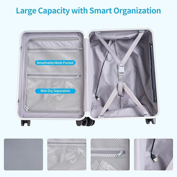 TABU 20" Ride on Luggage with Foldable Seat，Front-Opening Carry On Suitcase with Built-in USB & Type-C Port, TSA Lock and 360° Silent Spinner, for Kids & Adults, White