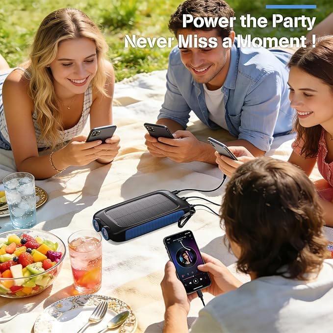 Portable Charger Solar Power Bank 20000mAh with USB-A and USB-C 5V/3A Output Port Blue Battery Pack Compatible with iPhone, Samsung, Waterproof Emergency LED Flashlights Perfect for Camping, Hiking