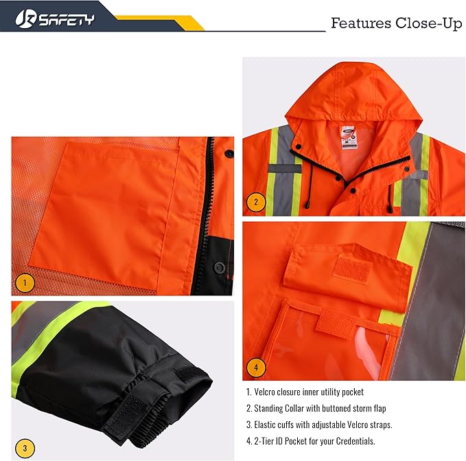 JKSafety Hi-Vis Reflective Safety Rain Jacket and Pants for Men Women Waterproof Rain Gears for Farming Fishing Work HV Rain Suit with Inner Mesh Lining and Pockets (117-Orange XL)