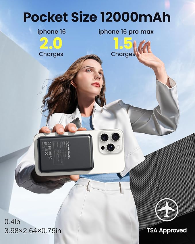 for Magsafe Battery Pack, 12000mAh Magnetic Portable Charger Power Bank PD 22.5W Fast Charging, USB C in & Out Wireless Battery Pack Phone Charger for iPhone 16/15/14/13/12 All Series