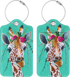 Luggage Tags for Suitcases, 2 Pack Cute PU Leather Suitcase Tag Identifiers TSA Approved with Stainless Steel Loop and Address Card for Baggage Tag for Travel Essentials Giraffe, by Chelmon