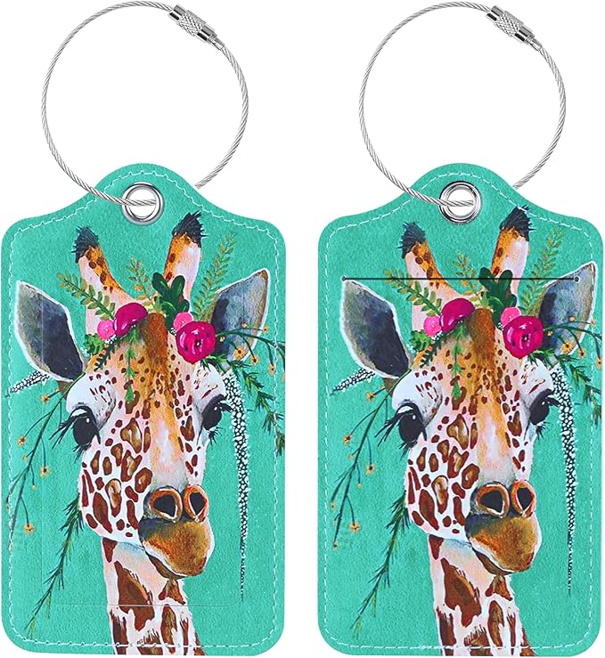 Luggage Tags for Suitcases, 2 Pack Cute PU Leather Suitcase Tag Identifiers TSA Approved with Stainless Steel Loop and Address Card for Baggage Tag for Travel Essentials Giraffe, by Chelmon