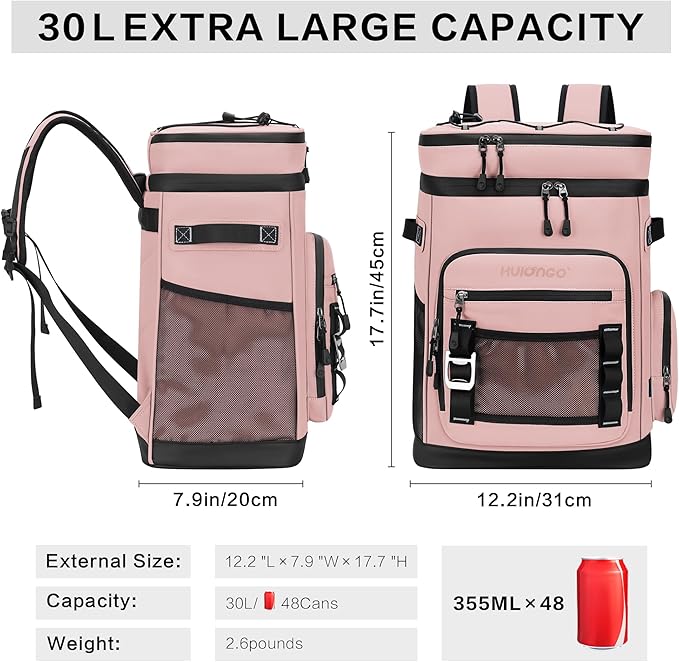 Hulongo Large Waterproof Insulated Cooler Backpack for Men & Women, Leak Proof Cooler Backpack for Camping, Beach, Fishing, Picnic, Travel, Outdoor, 30L, 48Cans
