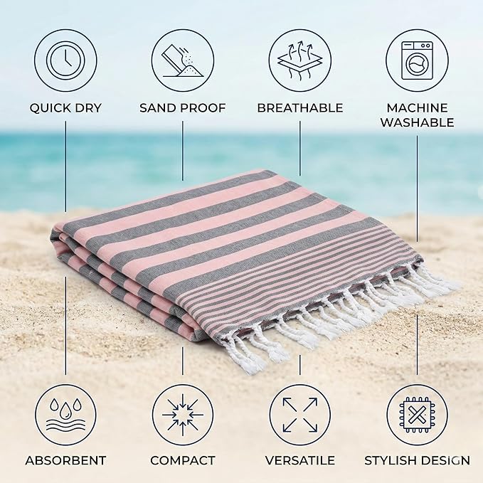 Cotton Turkish Beach Towel with Towels Oversized 36"x72" Pool Absorbent Extra Large Quick Dry Sand Travel Towel (Charcoal, 6 Pack)