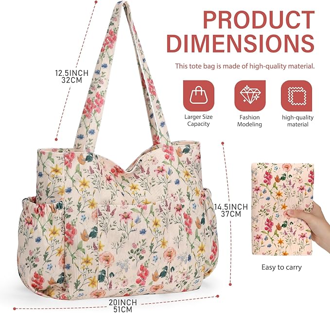 Corduroy Tote Bag for Women,Large Capacity Cute Tote Bags With 6 Pockets,Crossbody Shoulder Handbag for Work Travel Gym