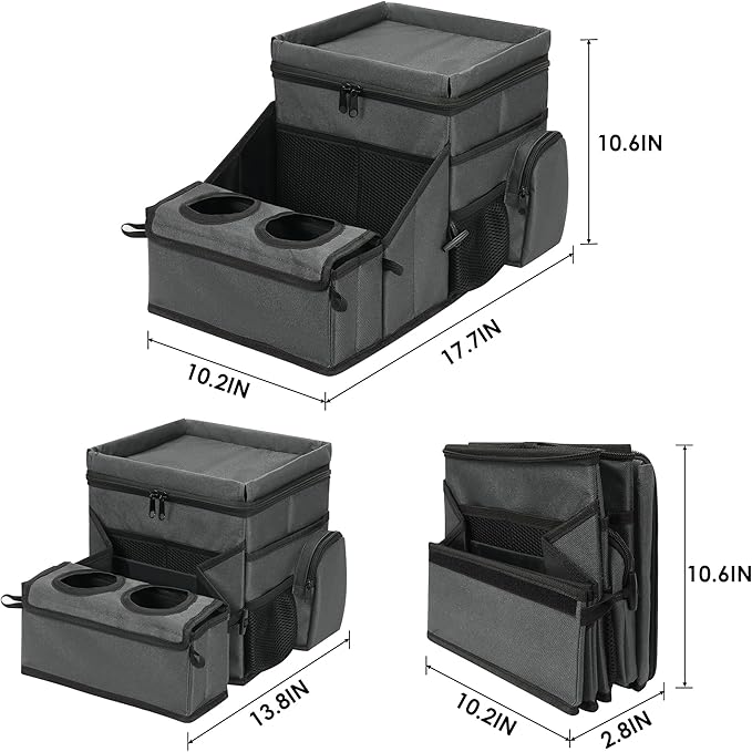 Backseat Organizer for Kids & Adults – Car Seat Cooler Warmer with 2-in-1 Writing Tray, Cup Holders & 11 Storage Compartments | Road Trip Car Organizer for Front & Back Seat (Grey)